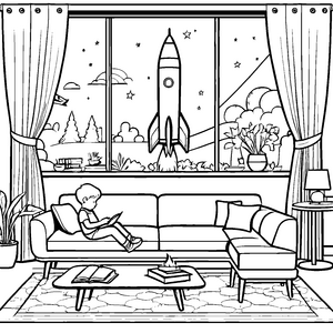 Futuristischer Couchtisch mit aufregendem Raketenblick Ausmalbild für träumerische Entdecker