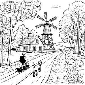 Zauberhafte Landstraße mit Windmühle und Hund Ausmalmotiv für fröhliche Entdecker