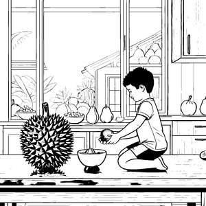 Spannende Durian-Erkundung in der fruchtigen Küche Ausmalvorlage für kleine Feinschmecker