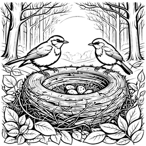 Zauberhaftes Vogelpaar am Nest Ausmalvorlage für abenteuerliche Entdecker