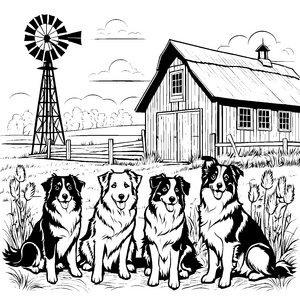 Vier fröhliche Australian Shepherds vor der Scheune Ausmalbild für tierliebende Abenteurer