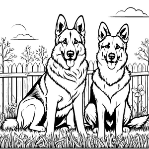 Zwei fröhliche Hofhunde im grünen Garten Ausmalmotiv für neugierige Tierentdecker