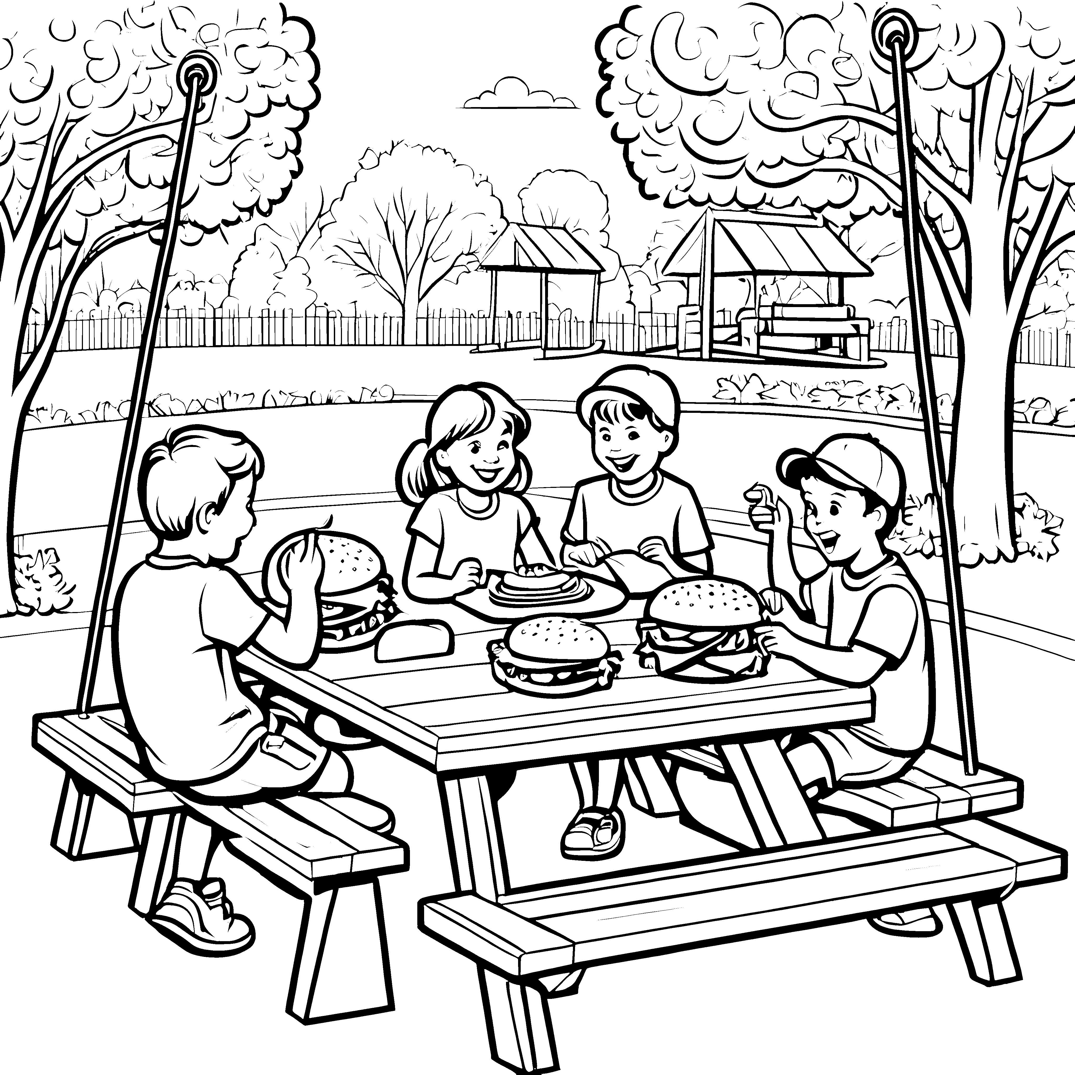 Kreatives Hamburger-Picknick mit Freunden Malvorlage für abenteuerlustige Entdecker