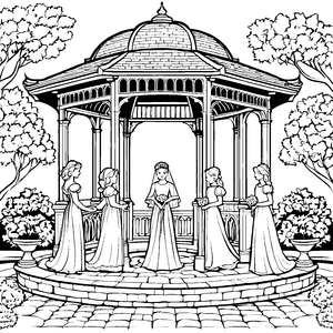 Wunderschönes Hochzeitskleid unter romantischem Pavillon Ausmalbild für träumerische Künstler