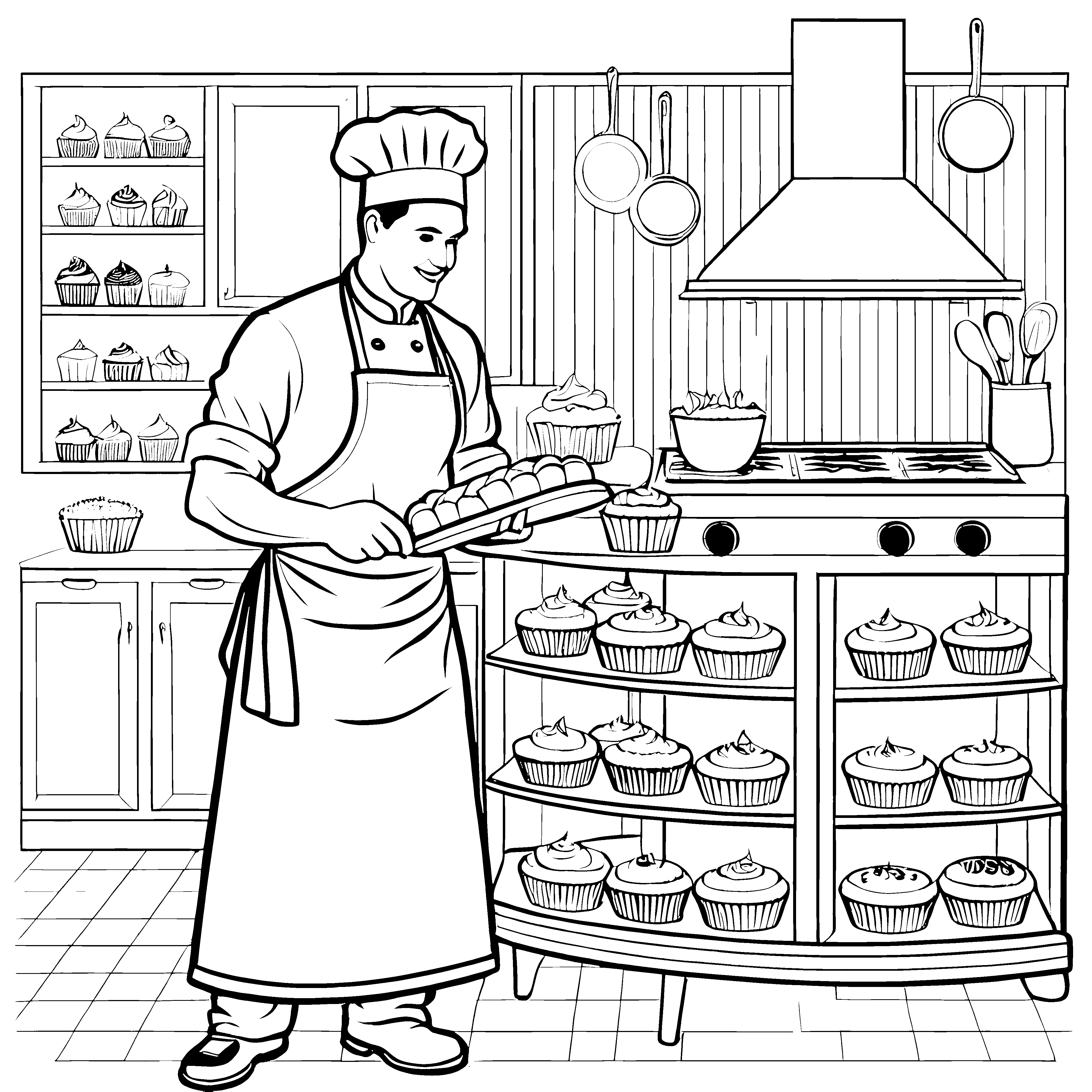 Kreativer Konditor mit bunten Cupcakes Ausmalbild für kleine Meisterbäcker