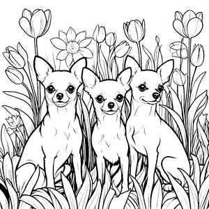 Drei bezaubernde Chihuahuas im bunten Blumenmeer Ausmalvorlage für fröhliche Tierentdecker