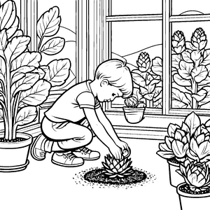 Eifrige Artischockenpflücker im Gewächshaus Ausmalvorlage für junge Gartenliebhaber