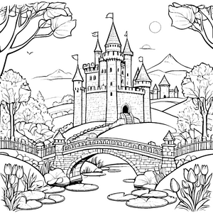 Majestätische Burg über malerischer Brücke Ausmalvorlage für fantasievolle Baukünstler