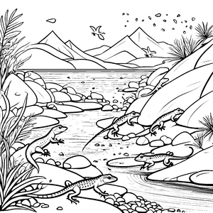 Lebhafte Eidechsen sonnen sich am glitzernden Fluss Ausmalmotiv für neugierige Naturentdecker