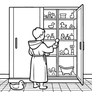 Badezimmerschrank mit bunten Spielsachen und neugierigem Kind Ausmalmotiv für kleine Ordnungsliebhaber