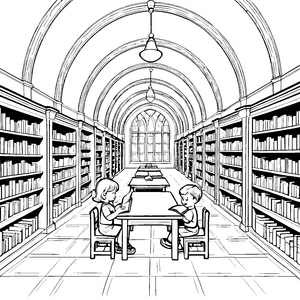 Faszinierende Bibliothek mit spielenden Entdeckern Ausmalbild für neugierige Wissenssucher