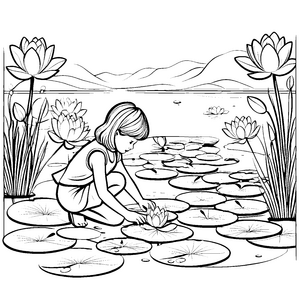Zarte Lotusblüten um ein schüchternes Mädchen Ausmalbild für träumerische Wasserliebhaber
