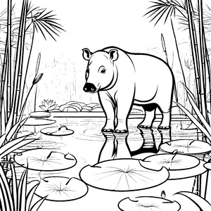 Tapir im ruhigen Wasser mit bezaubernden Seerosen Ausmalbild für kleine Wasserliebhaber