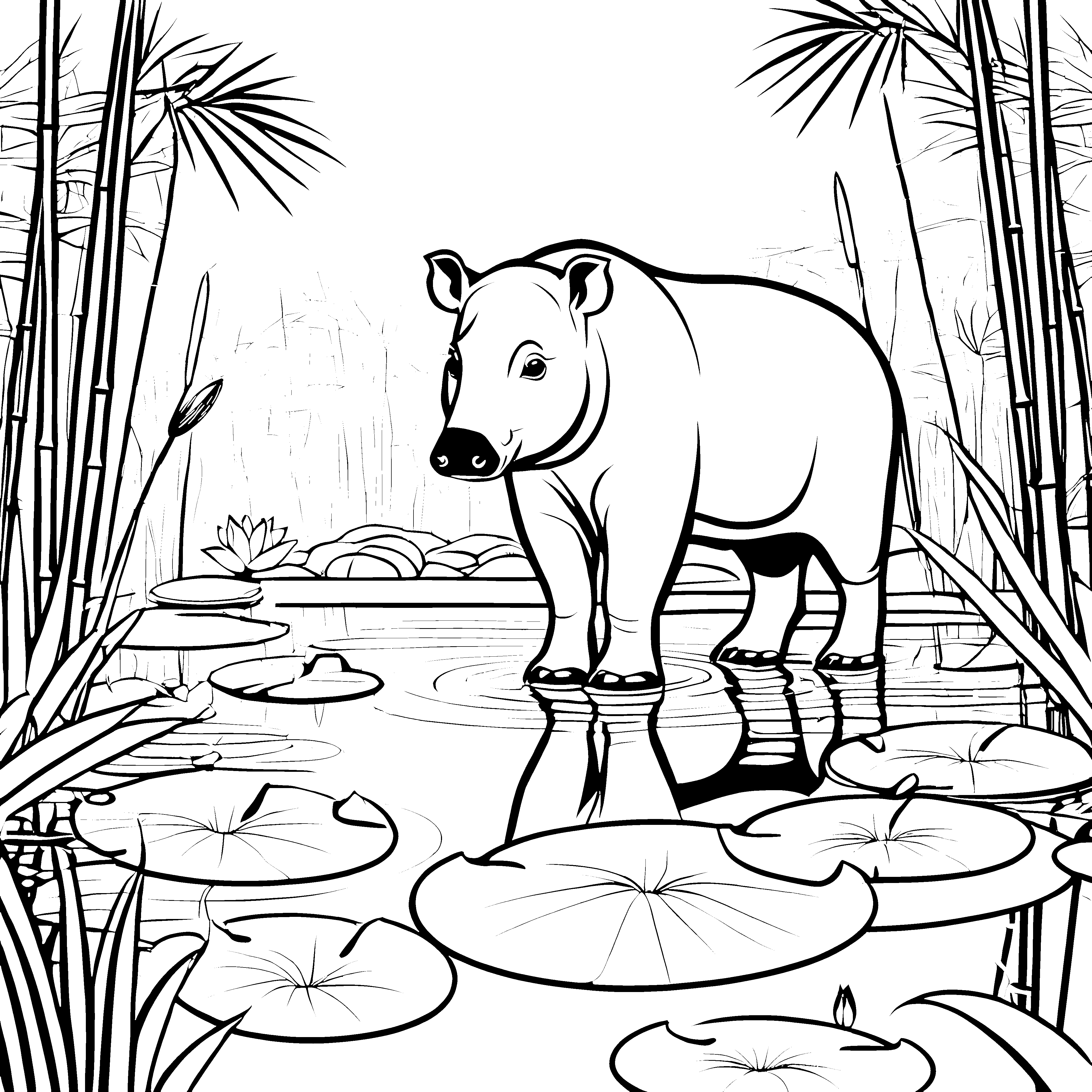 Tapir im ruhigen Wasser mit bezaubernden Seerosen Ausmalbild für kleine Wasserliebhaber