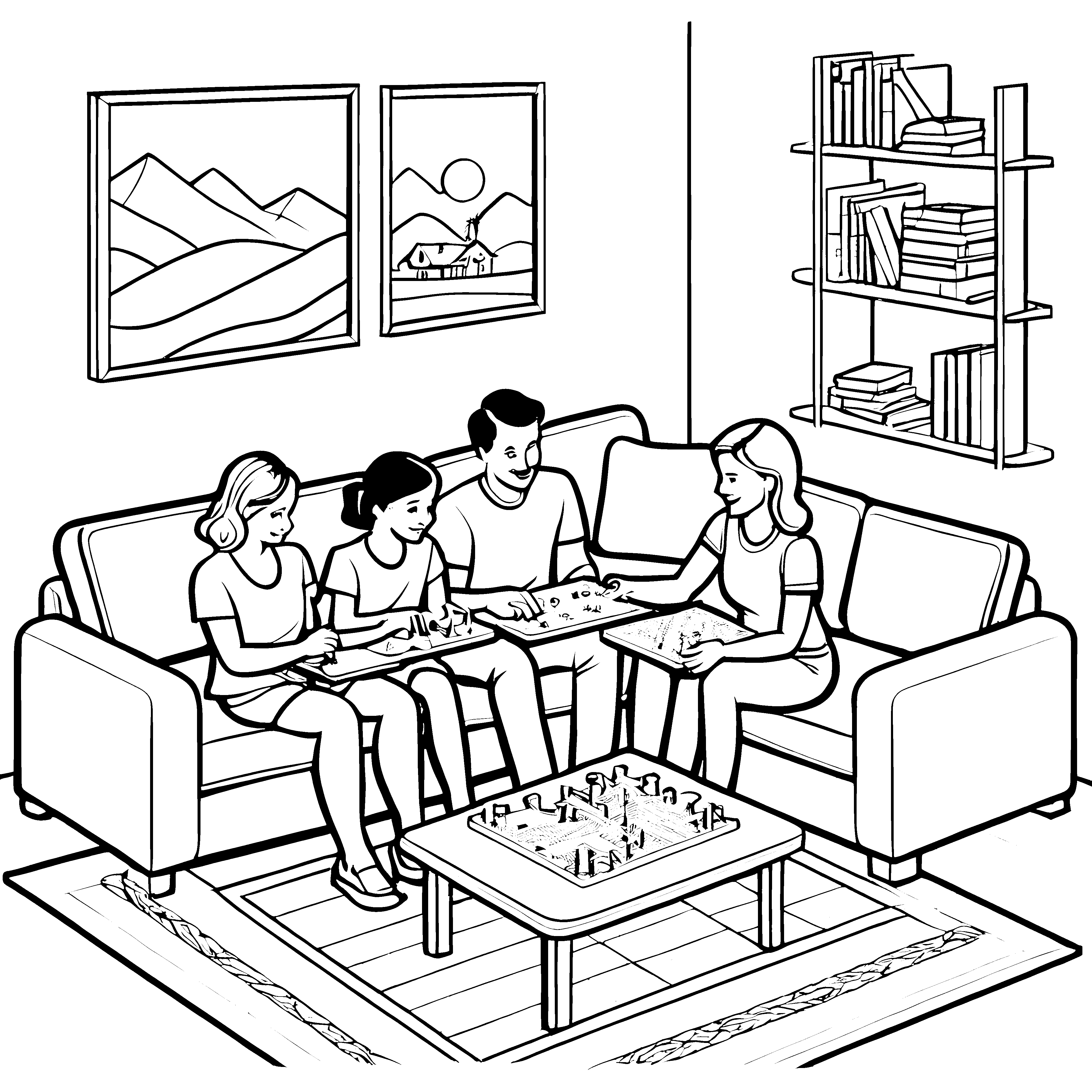 Spannender Couchtisch mit bunten Spielen Ausmalvorlage für kreative Familien