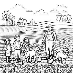 Familie beim fröhlichen Pflanzen Abenteuer-Malvorlage für kleine Naturforscher