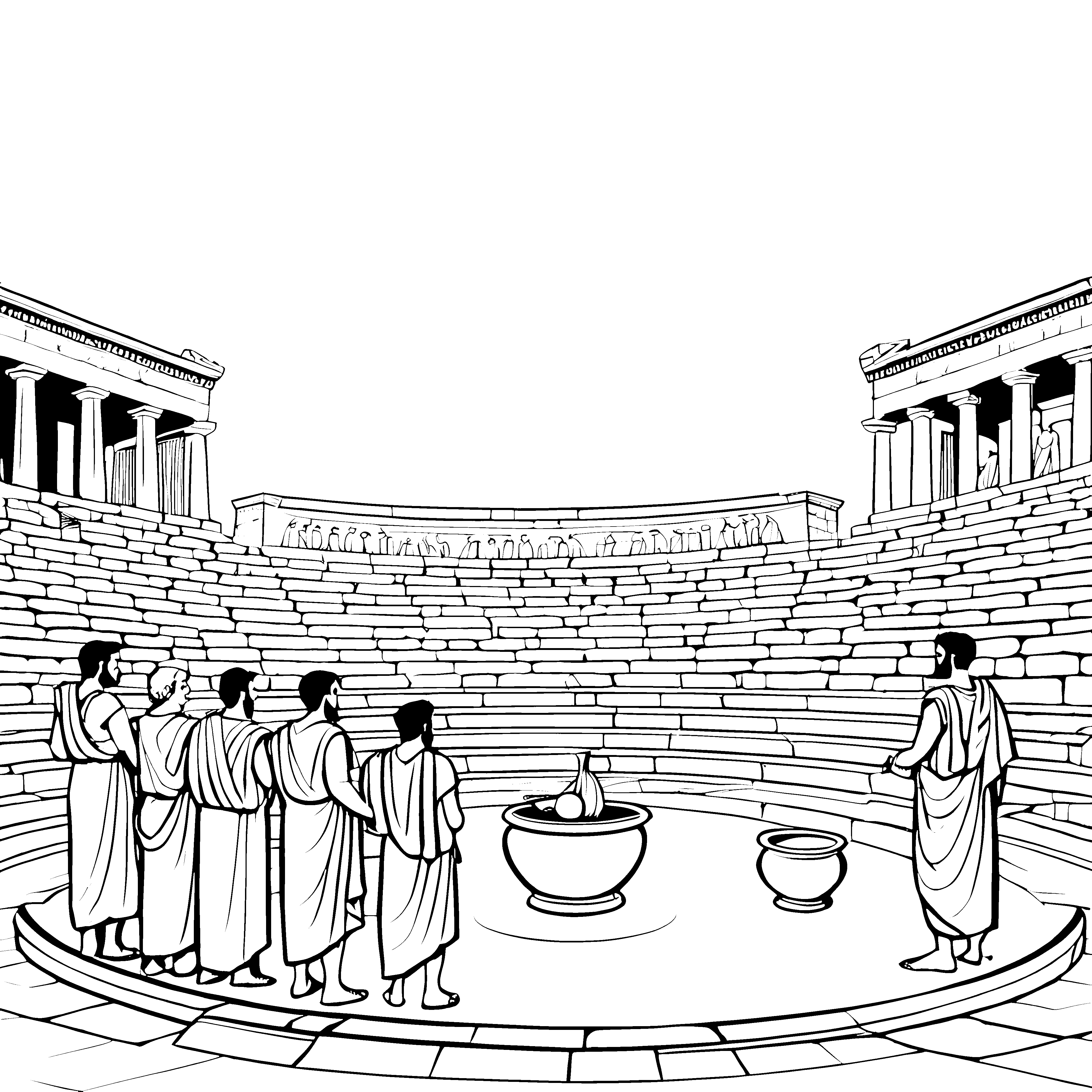 Weisheitssuchende Philosophen im antiken Theater Ausmalvorlage für neugierige Denker