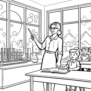 Inspirierende Lehrerin bei spannenden Experimenten Ausmalbild für neugierige Entdecker