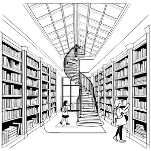Faszinierende Bibliothek mit geheimnisvollen Büchern Ausmalvorlage für kreative Entdecker