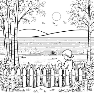 Zauberhafter Gartenblick durch bunten Zaun Ausmalvorlage für kleine Naturfreunde