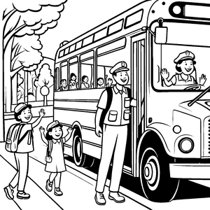 Freundlicher Busfahrer am Schulbus Malvorlage für kleine Verkehrsentdecker