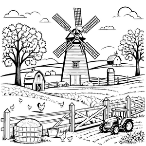 Windmühle auf dem Bauernhof mit fröhlichen Tieren Ausmalbild für kleine Landliebhaber