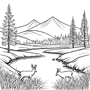 Faszinierende Fichtenlandschaft mit neugierigen Rehen Ausmalbild für kleine Naturforscher