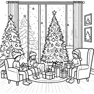 Fröhlicher Geschenkeaustausch bei festlicher Stimmung Ausmalvorlage für lustige Weihnachtsfreunde