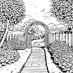 Einladender Gartenweg mit zauberhaftem Eingangsbereich Ausmalvorlage für fantasievolle Entdecker