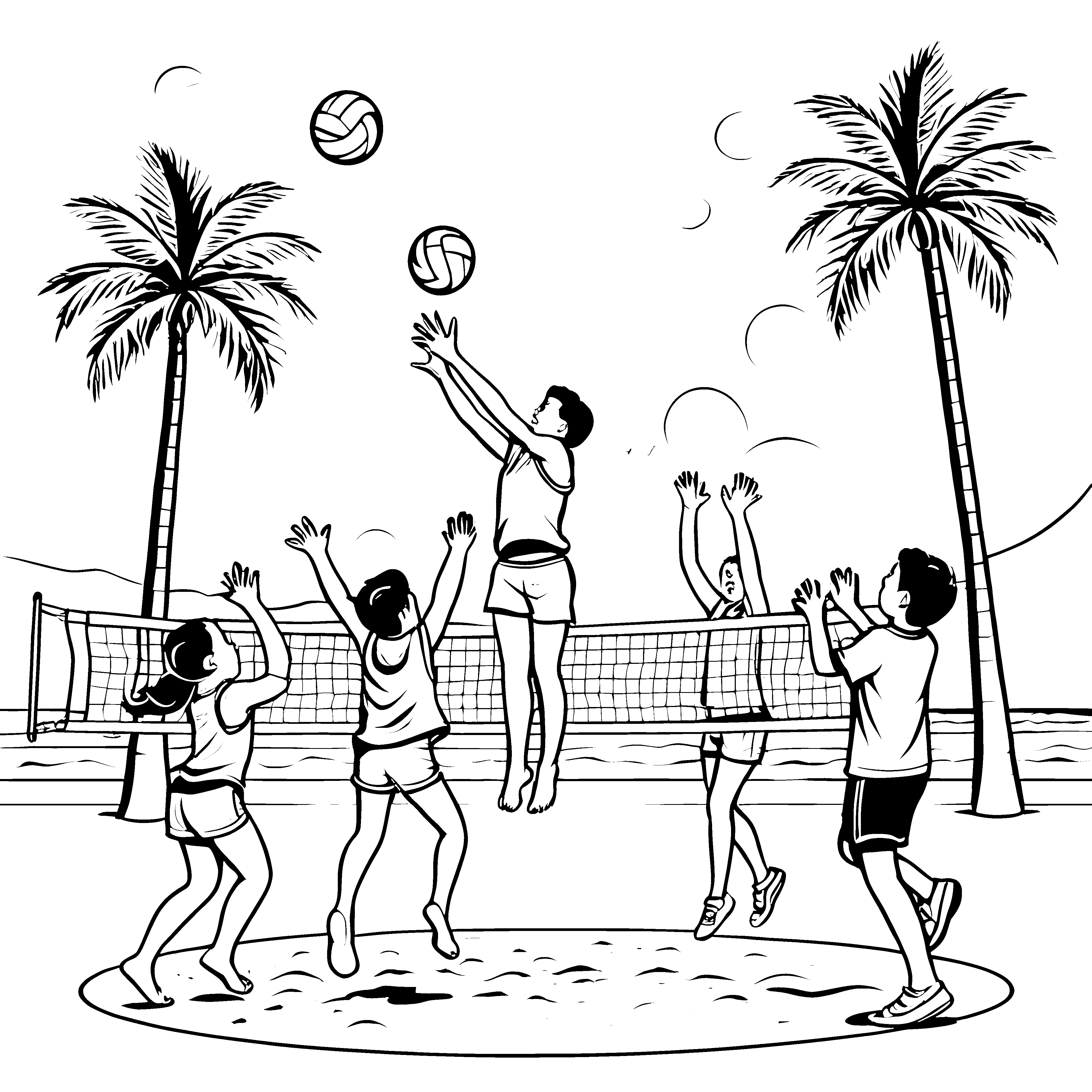 Spritzige Volleyballaction am Strand Malvorlage für aktive Sportler