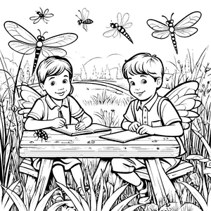 Magische Kinder mit Schmetterlingsflügeln und Insekten Ausmalbild für kleine Entdecker