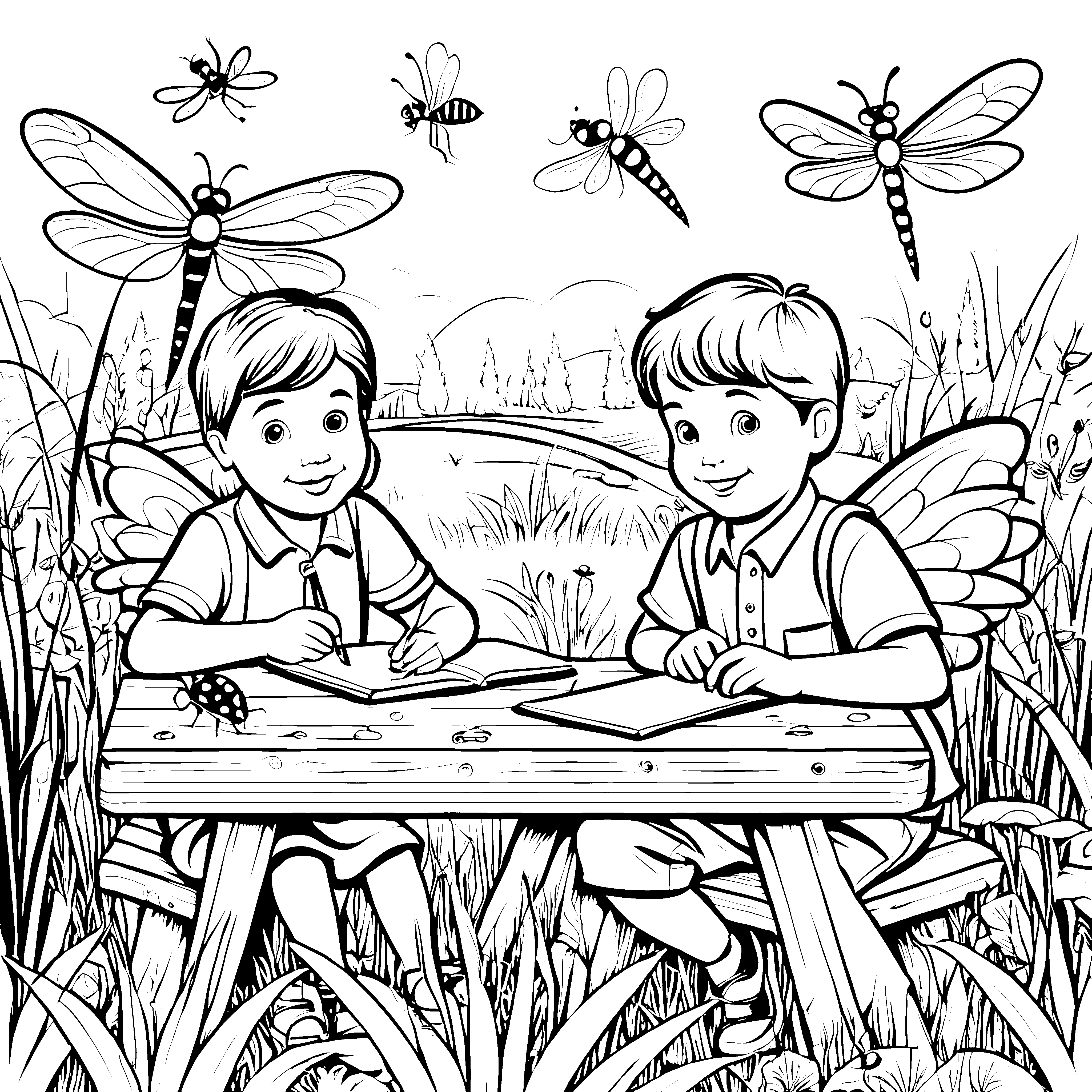Magische Kinder mit Schmetterlingsflügeln und Insekten Ausmalbild für kleine Entdecker