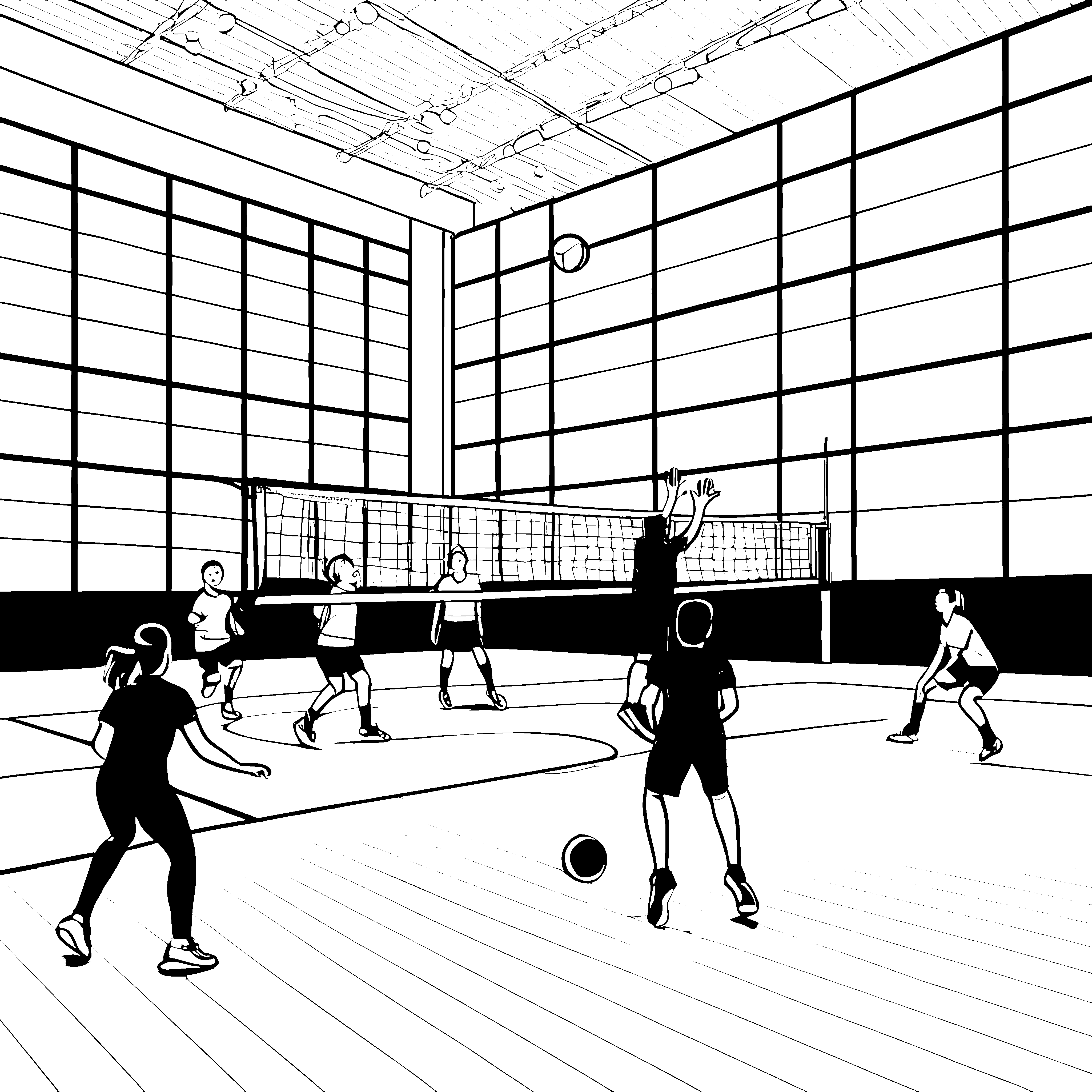 Spannendes Volleyballspiel in der Sporthalle Ausmalbild für aktive Bewegungsfreunde