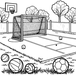 Bunte Ballvielfalt auf dem Sportplatz Ausmalmotiv für aktive Abenteurer