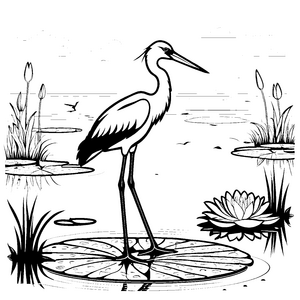 Eleganter Reiher im ruhigen Wasser Ausmalbild für fantasievolle Naturfreunde