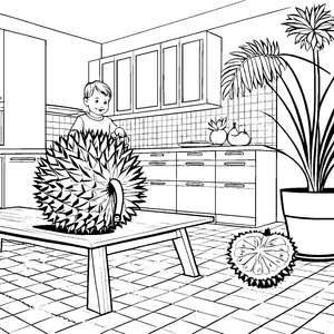 Fruchtige Durian auf dem Küchentisch Ausmalvorlage für neugierige Entdecker