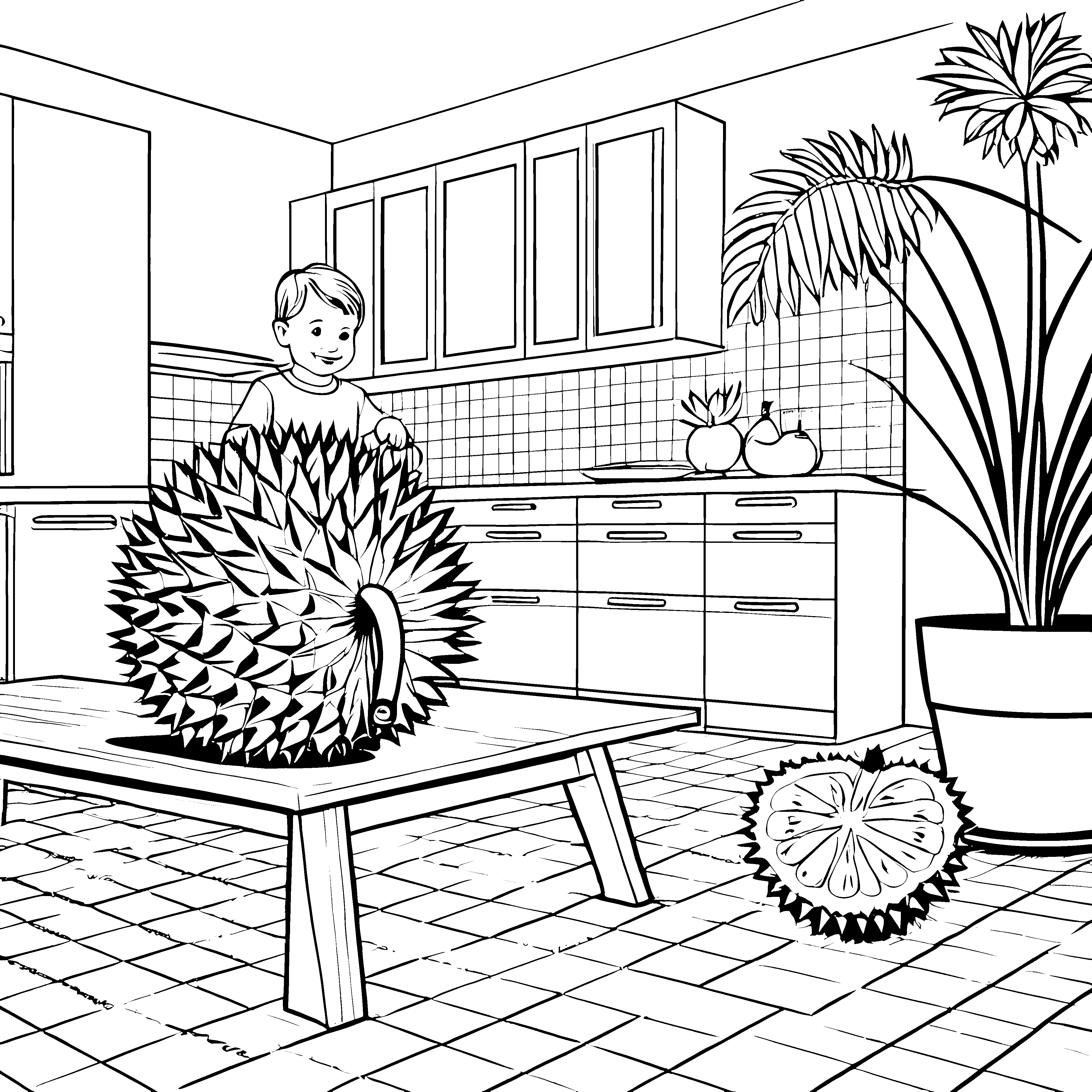 Fruchtige Durian auf dem Küchentisch Ausmalvorlage für neugierige Entdecker