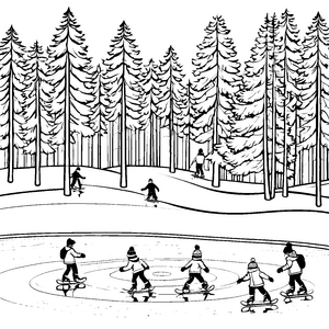 Harmonische Schlittschuhakrobaten auf zugefrorenem See Ausmalmotiv für winterbegeisterte Künstler
