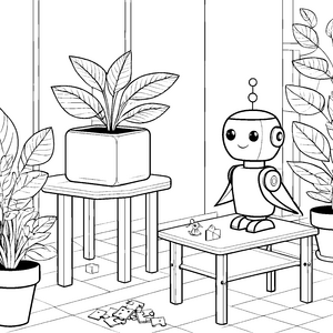Frohe Roboterfreund beim Spielen im Raum Ausmalvorlage für kreative Technikfreaks