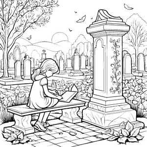 Nachdenkliches Mädchen auf einer Bank im Friedhof Ausmalbild für fantasievolle Geschichtenerzähler