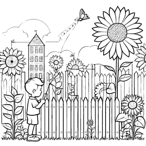 Bezaubernder Gartenzaun mit blühenden Sonnenblumen Ausmalvorlage für kreative Naturfreunde