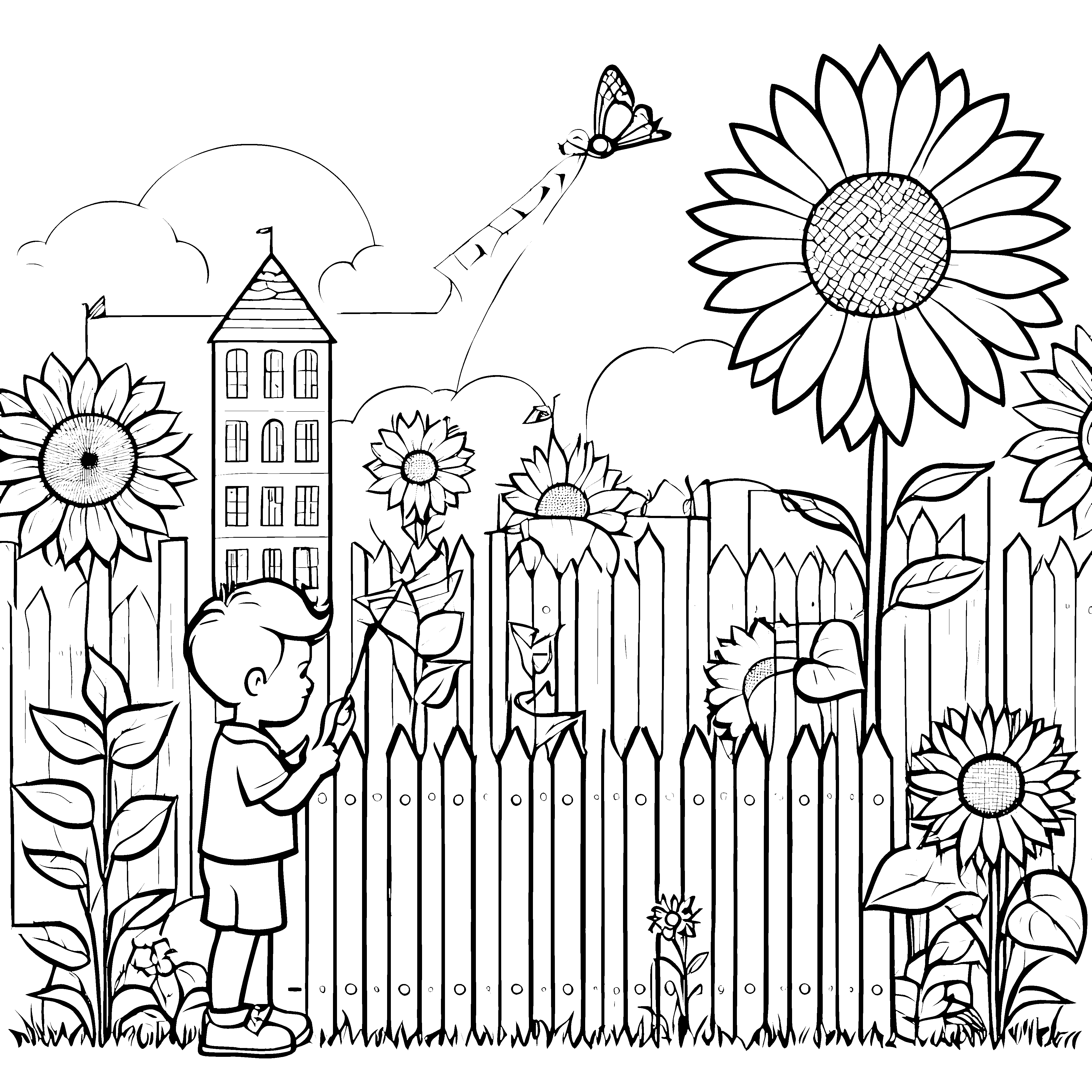 Bezaubernder Gartenzaun mit blühenden Sonnenblumen Ausmalvorlage für kreative Naturfreunde
