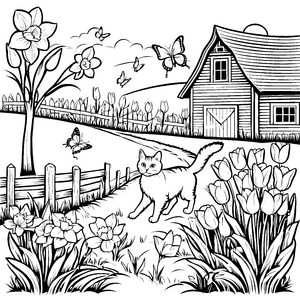 Lebhafte Bauernhofkatze zwischen bunten Blumen Ausmalvorlage für kleine Naturfreunde