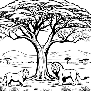 Majestätische Löwen unter großem Baum Ausmalvorlage für mutige Naturentdecker