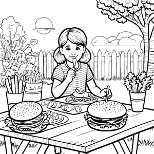 Köstliche Hamburger-Festmahlzeit im Garten Ausmalbild für fröhliche Genießer