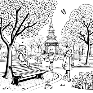 Lebendige Kinder beim Entdecken im Park Ausmalbild für abenteuerlustige Entdecker