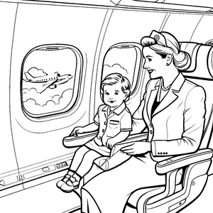 Flugbegleiterin mit fröhlichem Kind am Fenster Ausmalmotiv für abenteuerlustige Entdecker