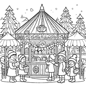 Fröhliche Kinder am bunten Weihnachtsstand Ausmalmotiv für neugierige Festtagsfreunde
