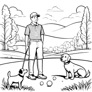 Spaßiger Golfer mit zwei treuen Vierbeiners Ausmalvorlage für junge Sportenthusiasten