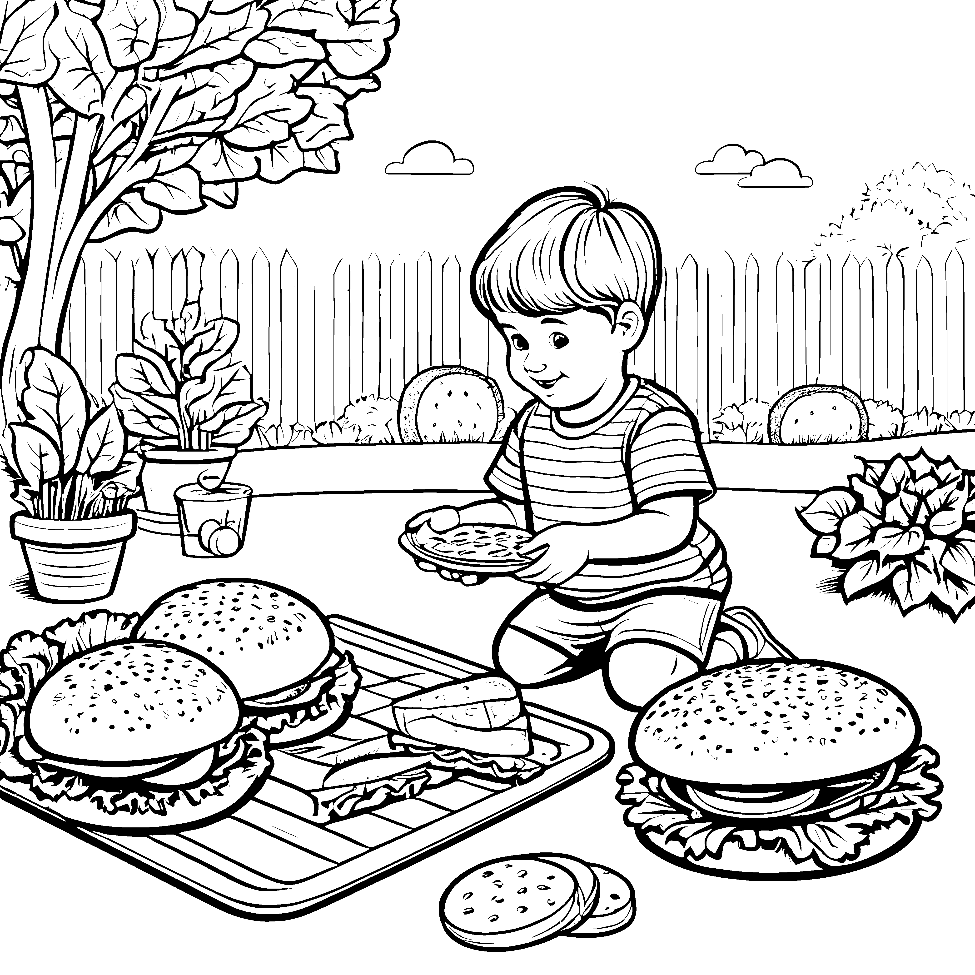 Kreatives Burger-Braten im Garten Paradies Ausmalbild für kleine Köche